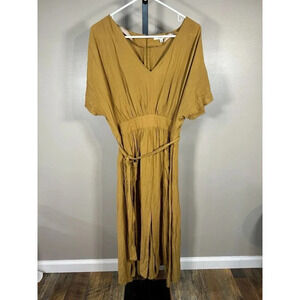 Madewell Linen-Blend Flutter -Sleeve Wrap Midi Dress in Beige Size 12